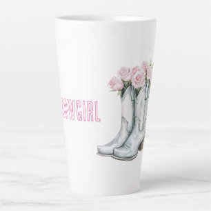 Taza De Café Latte Botas vaqueras plateadas con rosas rosadas bonitas