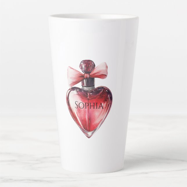 Taza De Café Latte Botella Perfume del Corazón Rojo (Anverso)