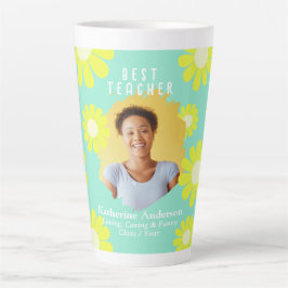 Taza De Café Latte Botón Verde azulado de la foto del mejor profesor 