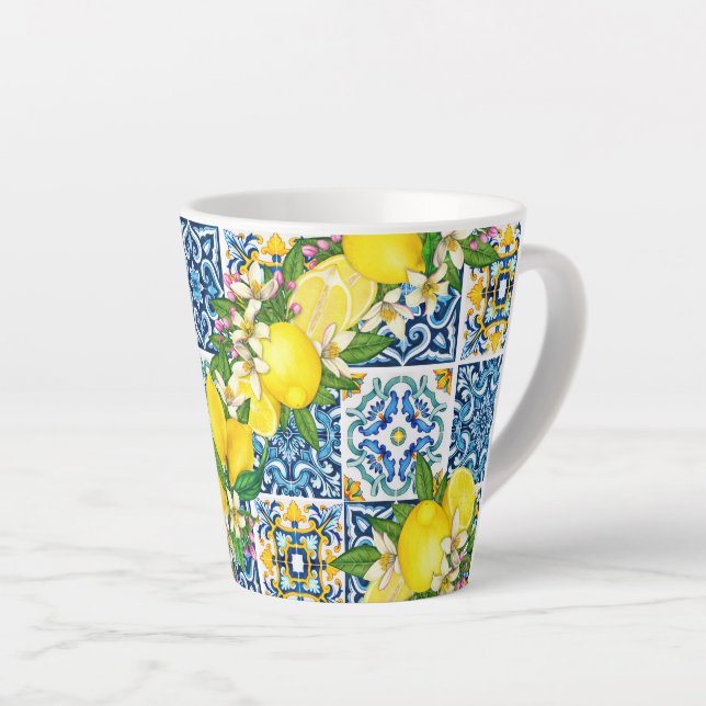 Taza De Café Latte Brillante Mediterráneo Sicilia Tiles Citrus Lemons (Ángulo derecho)