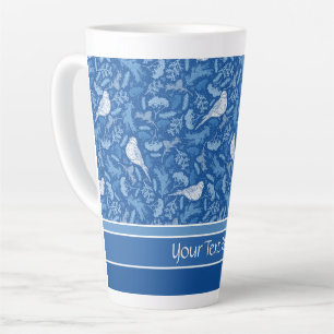 Taza De Café Latte Brillantes Aves Blancas Azul e Invierno Patrón Flo