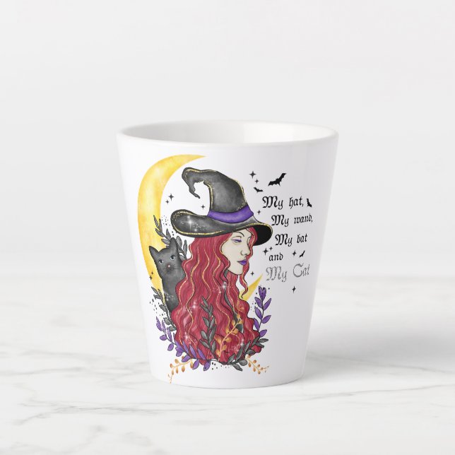 Taza De Café Latte Bruja con gato negro y luna creciente (Anverso)