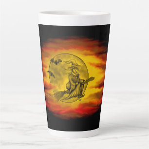 Taza De Café Latte Bruja voladora con gato negro, noche de halloween