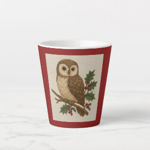 Taza De Café Latte Búho de Navidades de bordado rústico con Holly