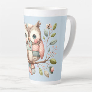 Taza De Café Latte Búho de patchwork en bosque caprichoso