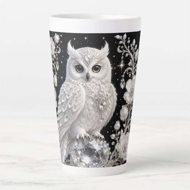 Taza De Café Latte Búho de Perla de Cristal Blanco (Anverso)