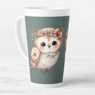 Taza De Café Latte Búho Floral Adorable con Lazo