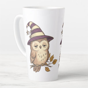 Taza De Café Latte Búho Nocturno Soñoliento con Sombrero de Bruja Mor
