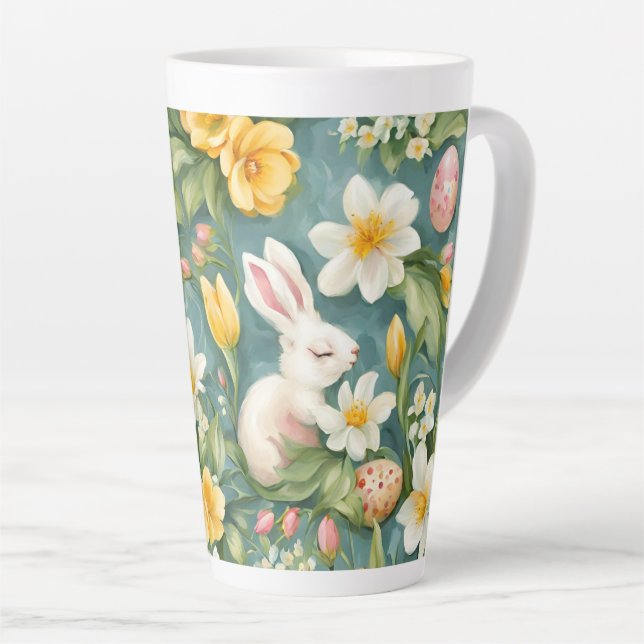 Taza De Café Latte Bunnies, flores de primavera y huevos de Pascua. P (Ángulo derecho)