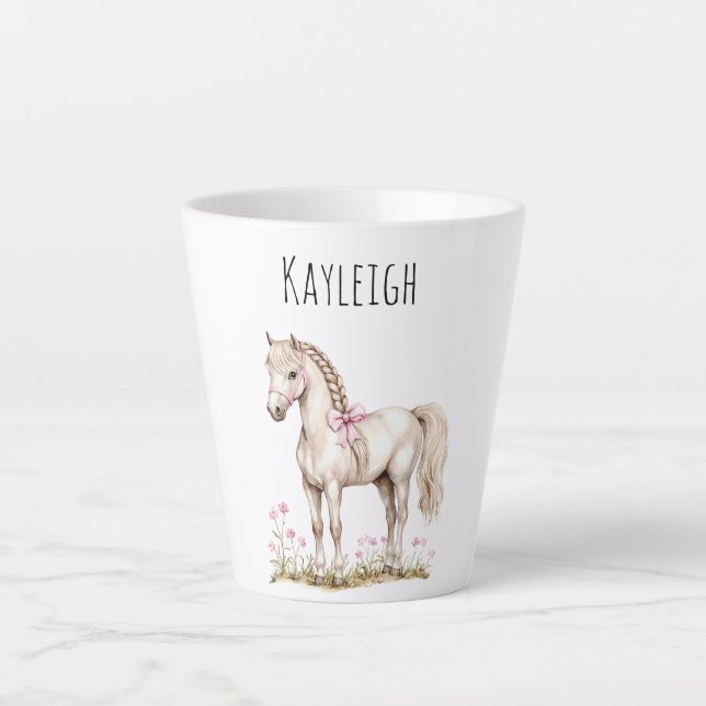 Taza De Café Latte Caballo blanco y flores (Anverso)