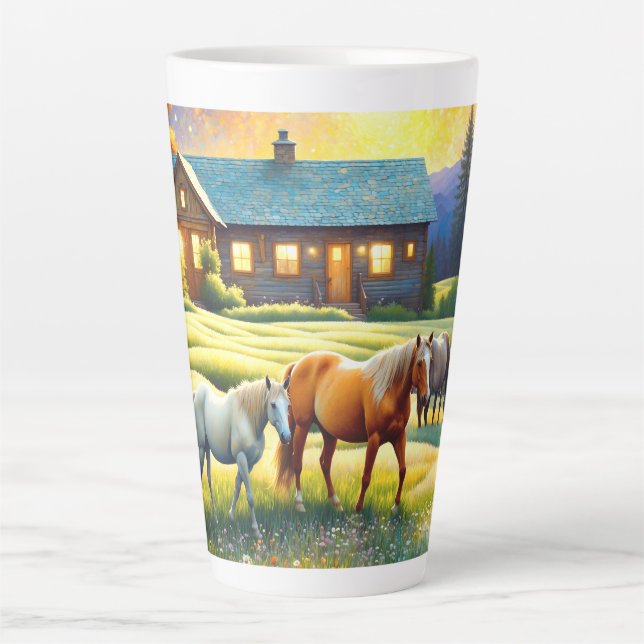 Taza De Café Latte Caballo en pradera de flores silvestres de granja (Anverso)