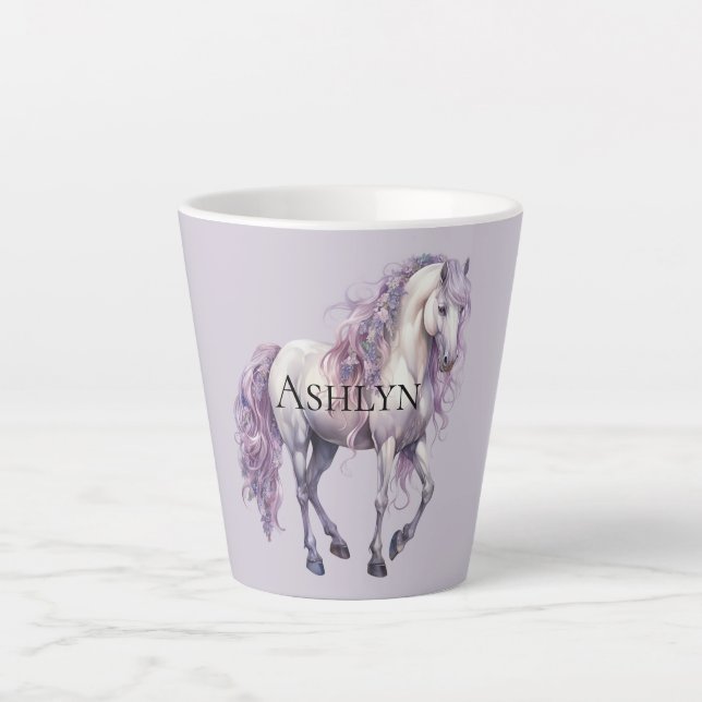 Taza De Café Latte Caballo floral blanco Lavender (Anverso)