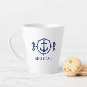 Taza De Café Latte Caballo marino azul de la marina y anclar tu nombr