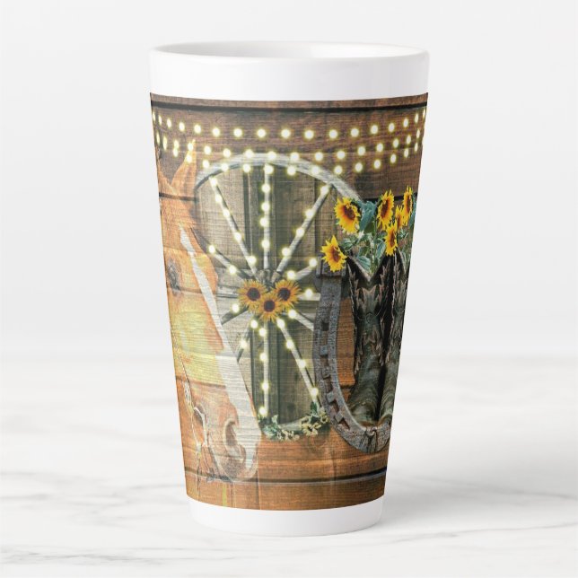 Taza De Café Latte Caballo Rústico Sunflowers Wagon Wheboy Boots (Anverso)
