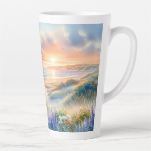 Taza De Café Latte Cabaña Costera Atardecer Dunas Acuarela