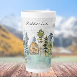 Taza De Café Latte Cabaña de montaña del bosque rústico de acuarela c