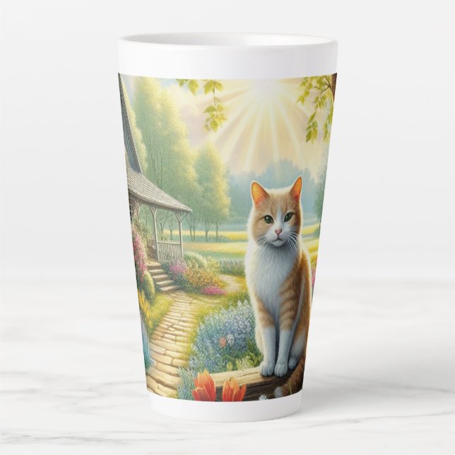 Taza De Café Latte Cabaña de primavera/jardín y gato (Anverso)