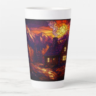 Taza De Café Latte Cabaña en arte de vidrio emplomado de bosque otoña
