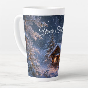 Taza De Café Latte Cabaña mágica de noche de invierno en el bosque