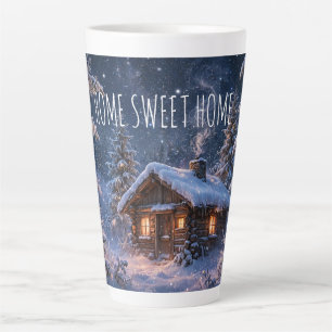 Taza De Café Latte Cabaña mágica de noche de invierno en el bosque