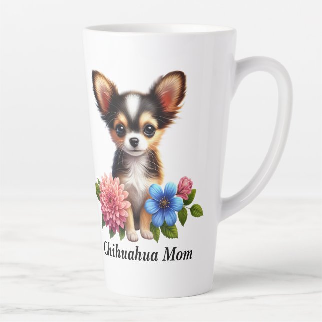 Taza De Café Latte Cachorro chihuahua con flores decorativas (Derecha)