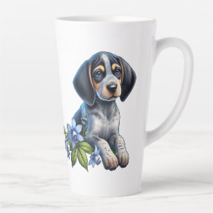 Taza De Café Latte Cachorro de garrapatas azules con flores azules de