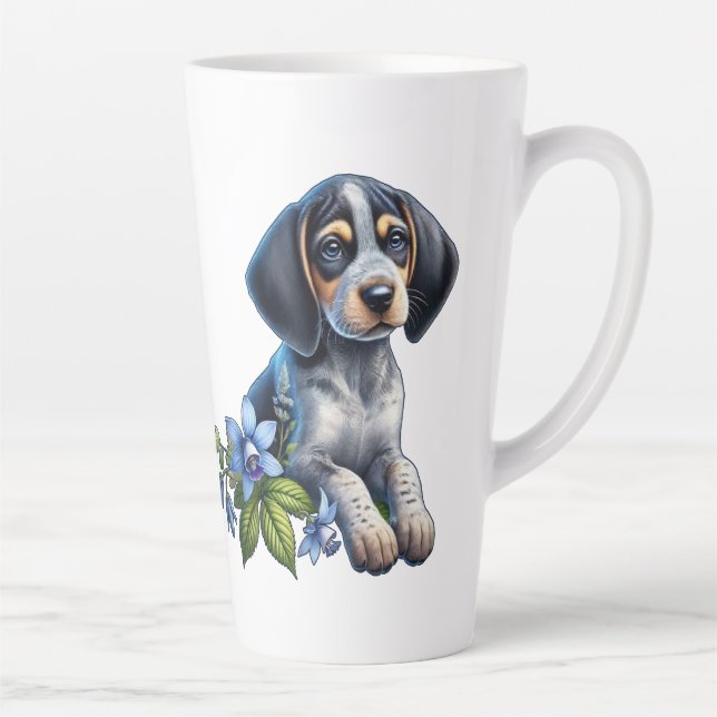 Taza De Café Latte Cachorro de garrapatas azules con flores azules de (Derecha)