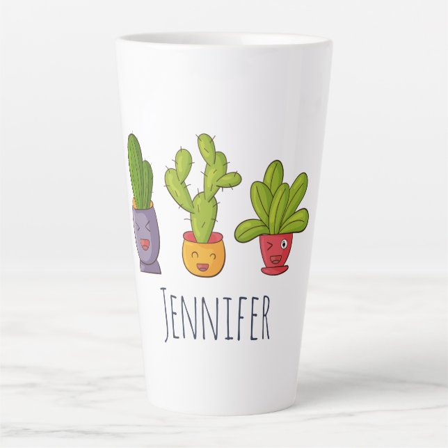 Taza De Café Latte Cactus felices en Ilustracion divertido de macetas (Anverso)