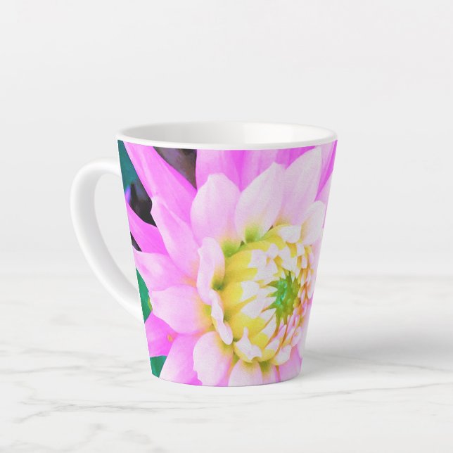 Taza De Café Latte Cactus rosados, blancos y amarillos Dahlia Macro (Ángulo izquierdo)