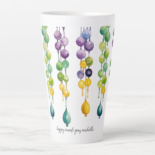 Taza De Café Latte Cadenas de cuentas de Mardi Gras en acuarela (Anverso)
