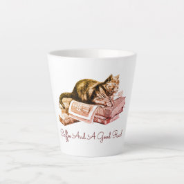 Taza De Café Latte Café Y Un Gato De Buena Lectura En La Pista De Lib