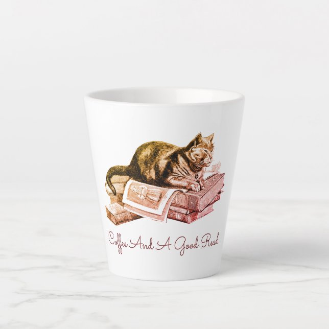 Taza De Café Latte Café Y Un Gato De Buena Lectura En La Pista De Lib (Anverso)