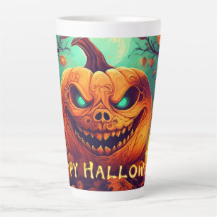Taza De Café Latte Calabaza con cara de miedo entre velas, Halloween