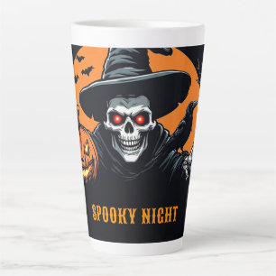 Taza De Café Latte Calabaza de Jack O Lantern Brillante con Esqueleto