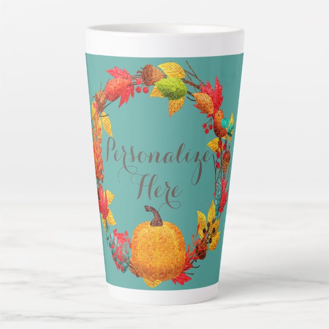 Taza De Café Latte Calabaza de otoño hoja de flores naranja azul verd (Anverso)