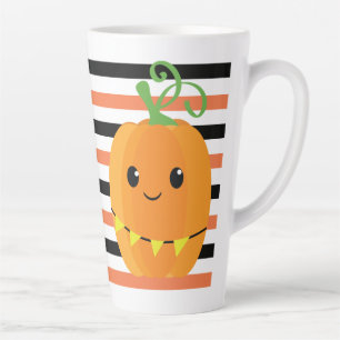 Taza De Café Latte Calabaza Linda Halloween Otoño Naranja Rayas Negra