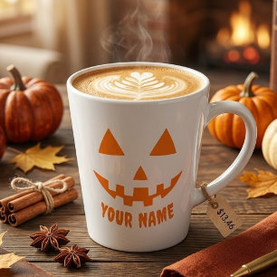 Taza De Café Latte Calabaza Naranja Personalizada de Halloween con Tu