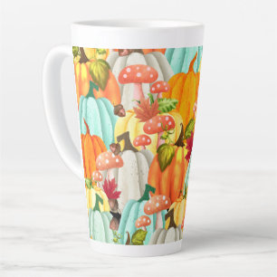 Taza De Café Latte Calabazas divertidas, champiñones y hojas caídas