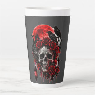 Taza De Café Latte Calavera de Cuervo Gótico Oscuro con Rosas Carmesí