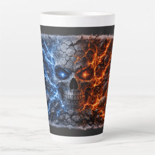 Taza De Café Latte Calavera de Fuego vs Hielo – Grieta Azul Eléctrico