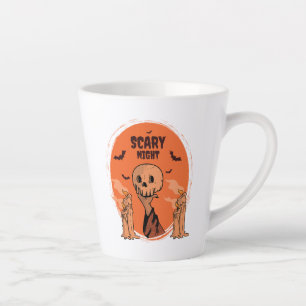 Taza De Café Latte Calavera y murciélago de Halloween en una noche at
