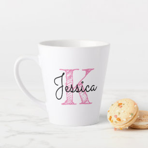 Taza De Café Latte Caligrafía Caprichosa Monograma Rosa y Negro