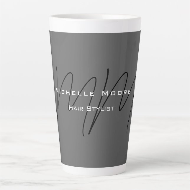 Taza De Café Latte Caligrafía gris negro monogramada (Anverso)