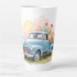 Taza De Café Latte Camión Azul Vintage con Huevos de Pascua y Tulipan