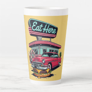Taza De Café Latte Camiseta Retro Diner Eat Here Classic Car Burger