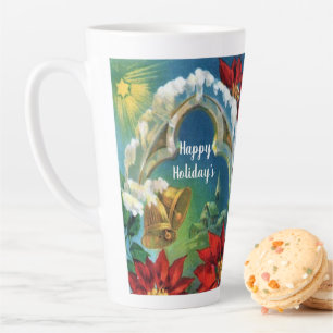 Taza De Café Latte Campanas de Navidad Vintage y Flores de Nochebuena