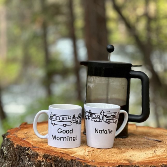 Taza De Café Latte Campers Black & White Happy Personalizada Latte Mu (Black & White Happy Campers Personalized Latte Mug for Natalie)