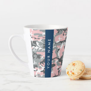 Taza De Café Latte Camuflaje rosa y gris Tu nombre Personaliza