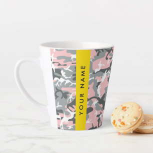 Taza De Café Latte Camuflaje rosa y gris Tu nombre Personaliza