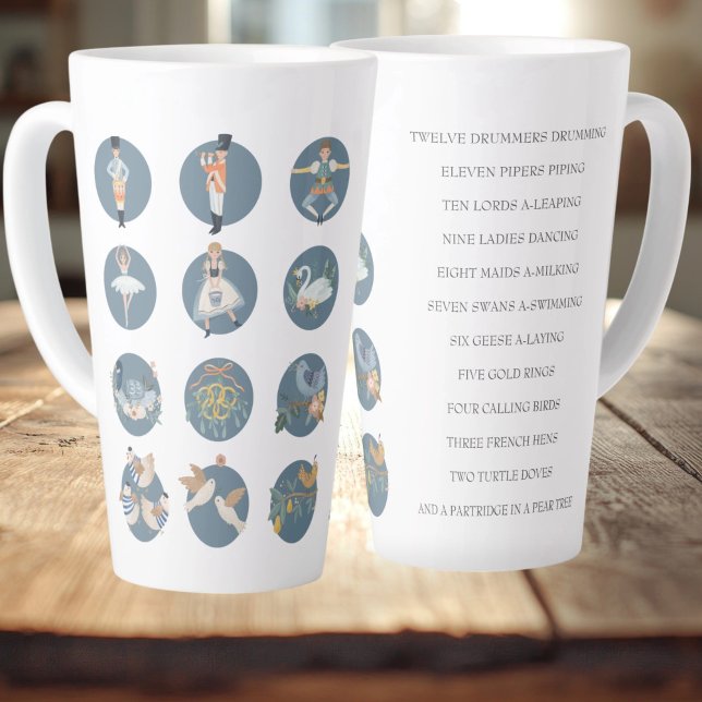 Taza De Café Latte Canción de feriado de 12 días de Navidades (12 Days of Christmas Holiday Song Latte Mug by Ricaso. On the twelfth day of Christmas my true love)